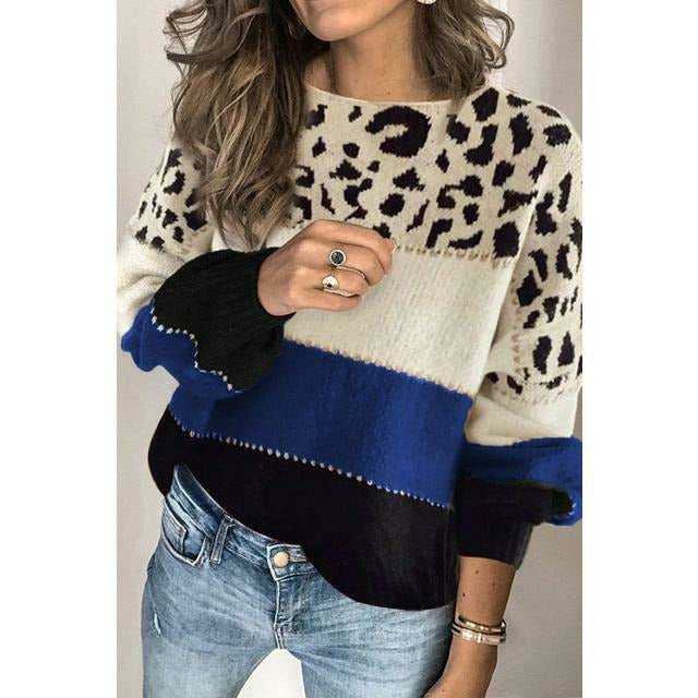 Street-wave Leopard Patchwork Knit Pullover For Women Cozy Warmth And Color Block Autumn Style