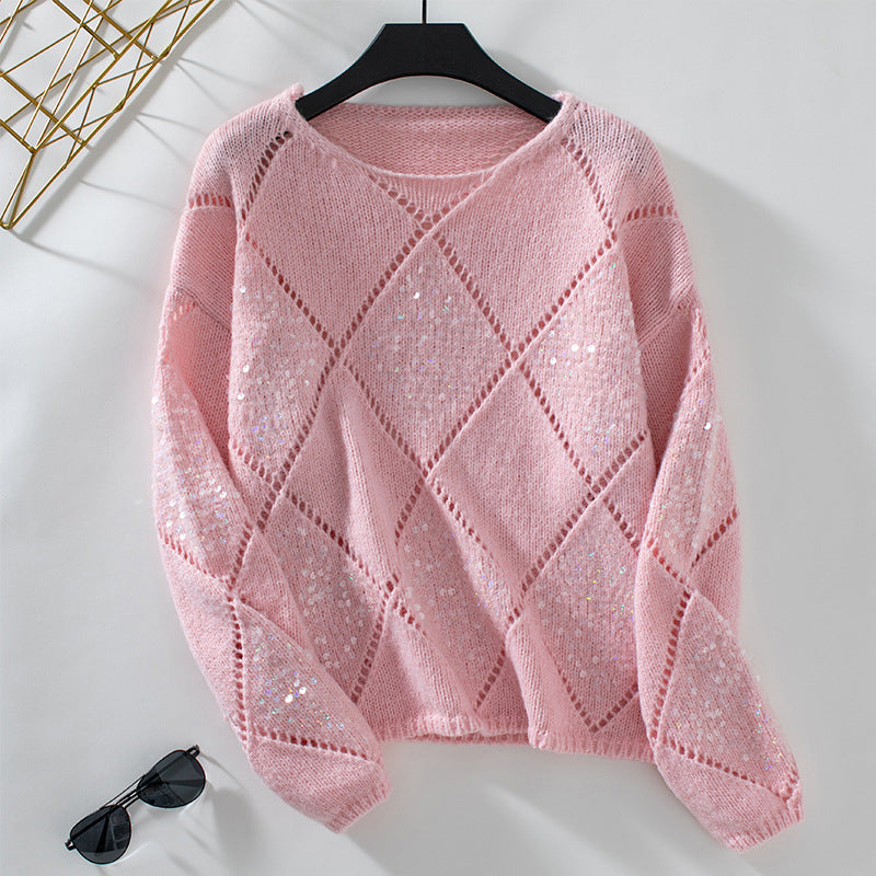 Street-wave Sequin Diamond Knit Sweater for Women Lightweight Transitional Wear with Long Sleeves