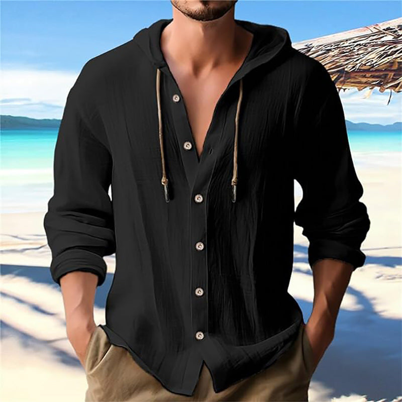 Breathable Cotton Hooded Shirt For Men With Button Front And Adjustable Drawstring Streetwave