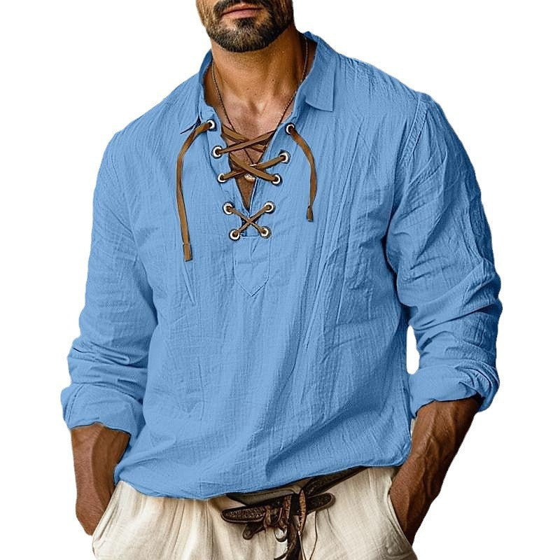 Streetwave Mens Casual Long Sleeve Shirt With Lace Up Detail Breathable Cotton Modern Fit