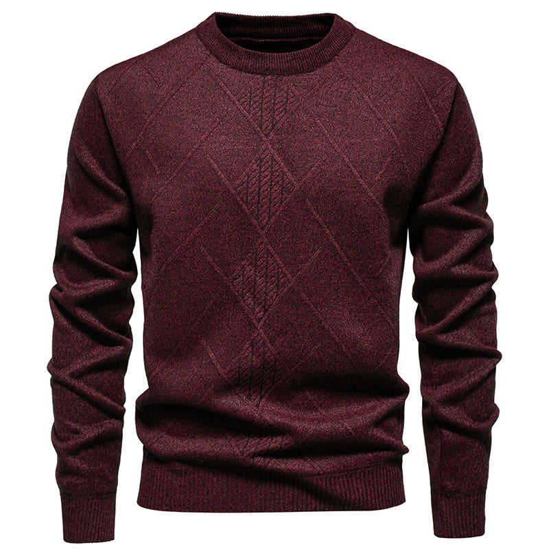 Mens Wool Knit Pullover With Diamond Pattern Street-Wave Classic Crewneck Breathable Warmth