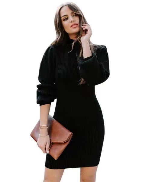 Street-wave Womens Knit Dress With High Collar And Puff Sleeves For Women Elegant Cozy Winter Outfit