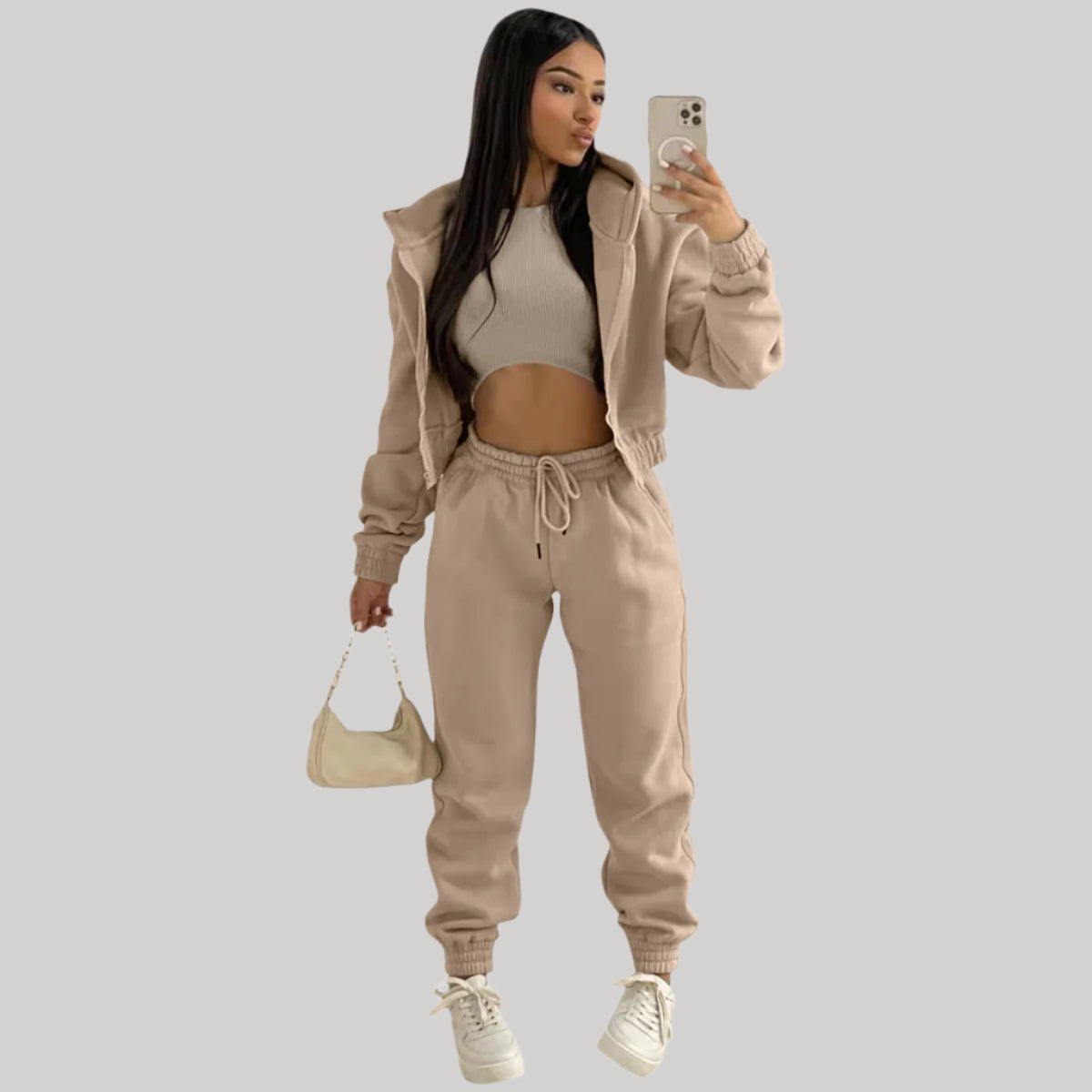 Street-wave Women Three-Piece Tracksuit Set With Cropped Ribbed Top Zip Hoodie And High-Waisted Joggers