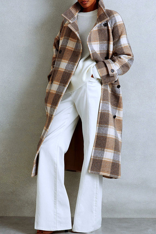 Street-Wave Architect Contrast Plaid Wool Coat Belted Waist Long Coat For Women Warm