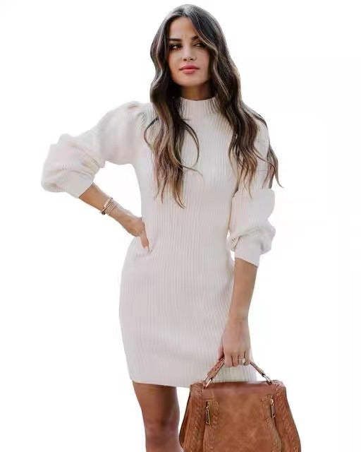 Street-wave Womens Knit Dress With High Collar And Puff Sleeves For Women Elegant Cozy Winter Outfit
