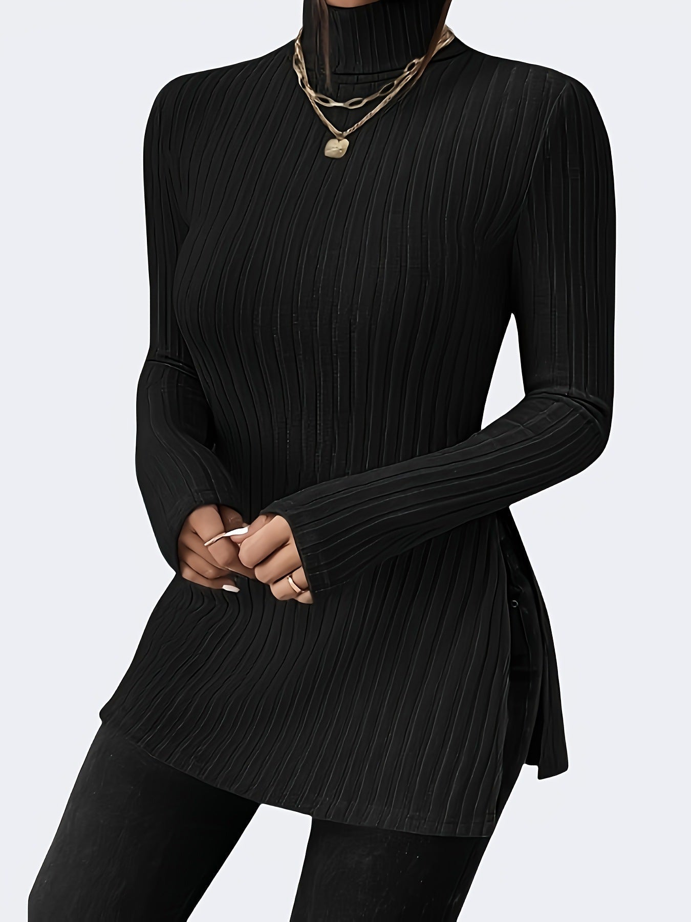 Street-Wave Ribbed Knit Top For Women With Stand Collar Chic Cozy Long Sleeve Turtleneck