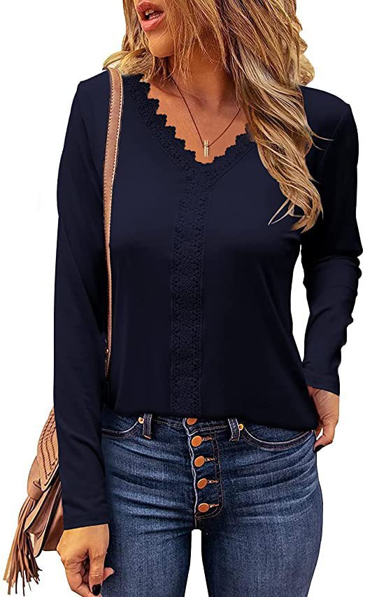 Street-wave Women Elegant V-Neck Lace Trim Long Sleeve Top - Versatile Chic Office To Weekend Wear