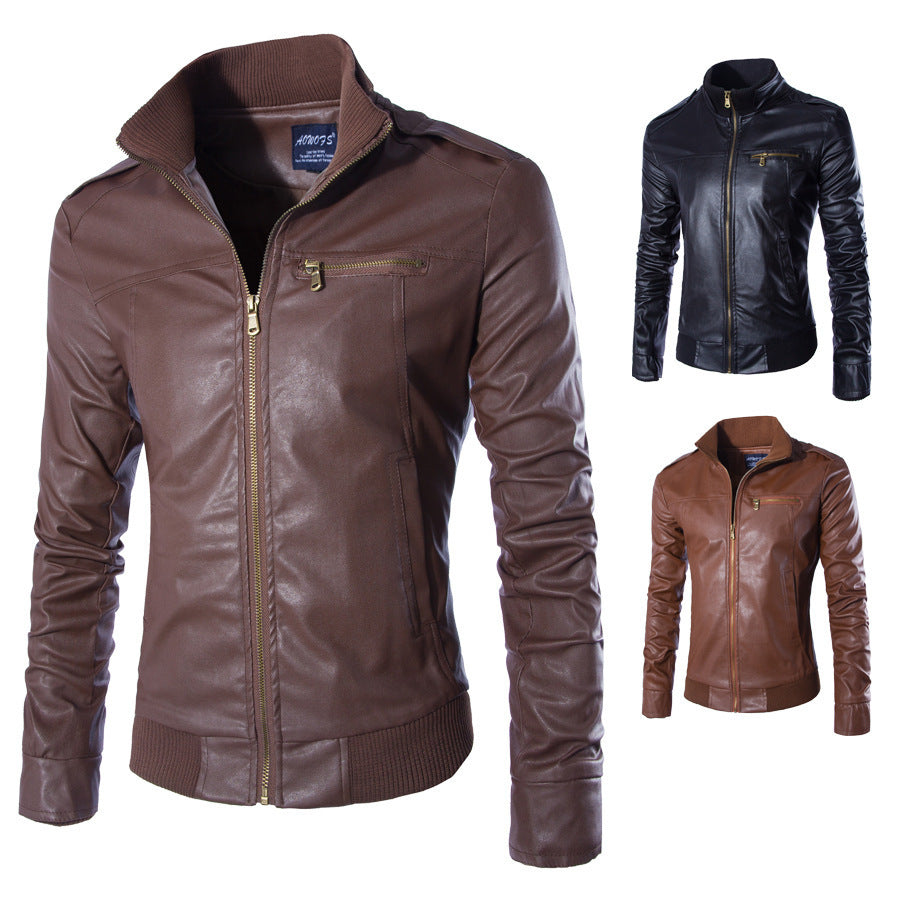 Mens Premium Faux Leather Jacket Street Wave Zip Front Stand Collar For Fashion Conscious Men