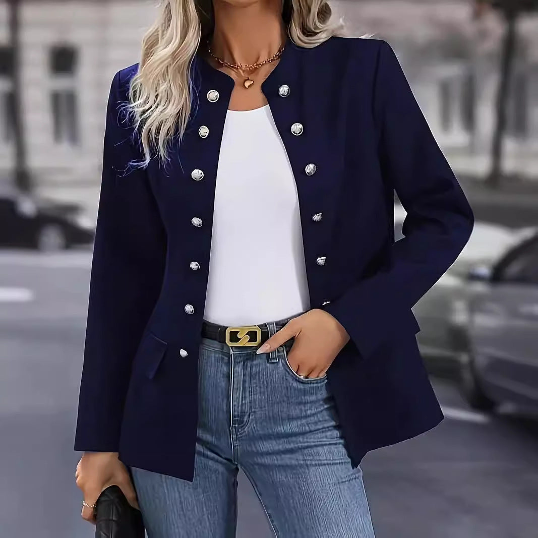 Street-Wave Women Navy Blazer With Elegant Silhouette And Metallic Snap Buttons For Office Or Events