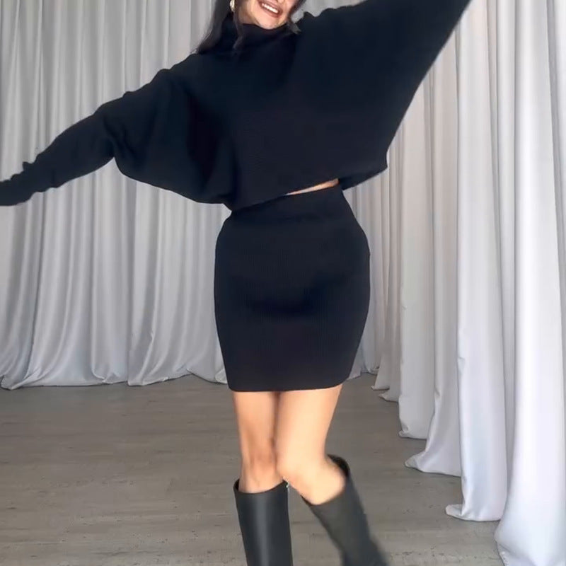 Street-Wave Womens Knit Dress With Cozy Roll Neck And Cropped Sleeves For Figure-Flattering Everyday Style