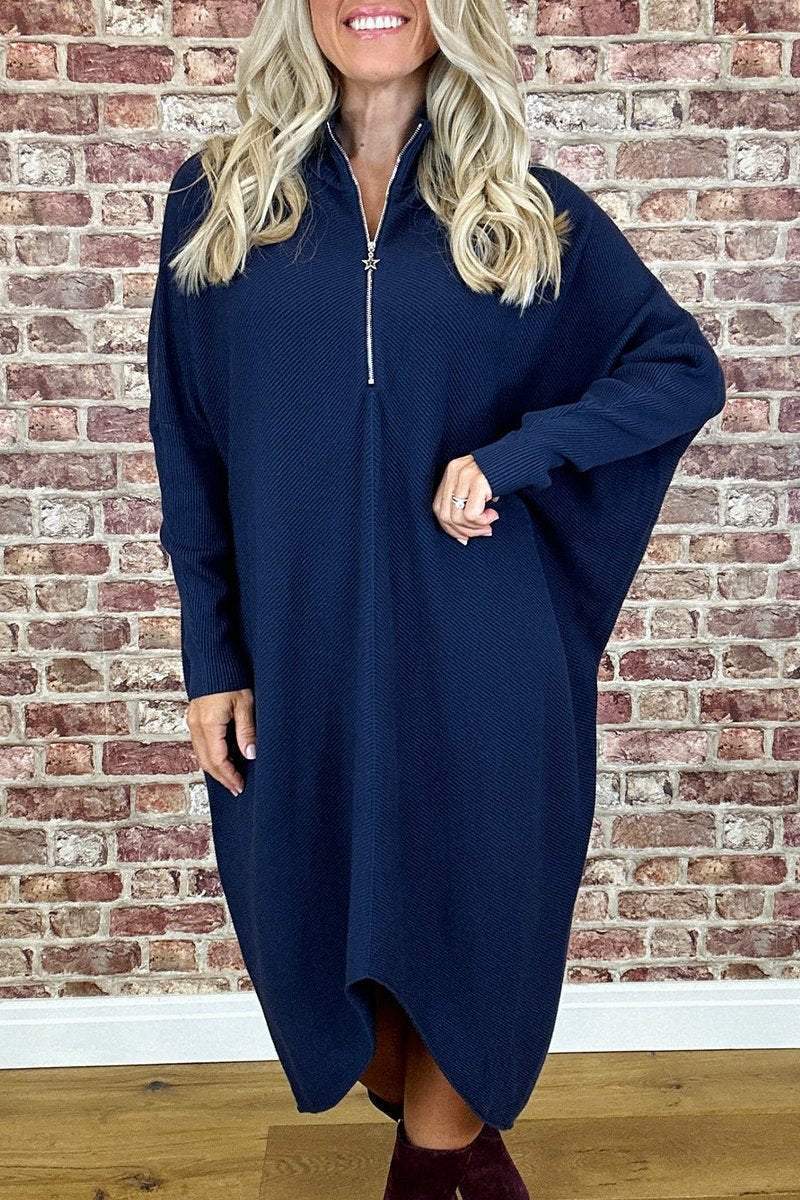 Street-wave Womens Oversized Knit Dress Zip Front Cozy Versatile Elegant for Everyday Wear