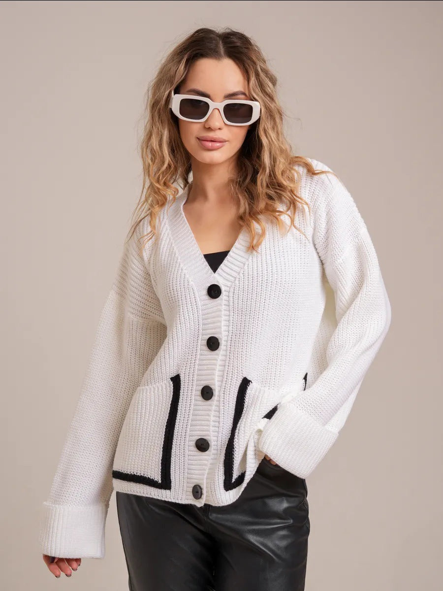Street-Wave Womens Cozy Knit Cardigan With Oversized Collar And Practical Front Pockets For All Day Comfort