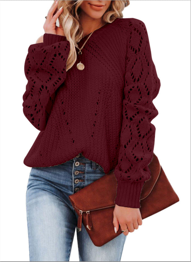 Street-wave Women's Elegant Crochet Knit Sweater with Airy Mesh Texture and Wide Sleeves