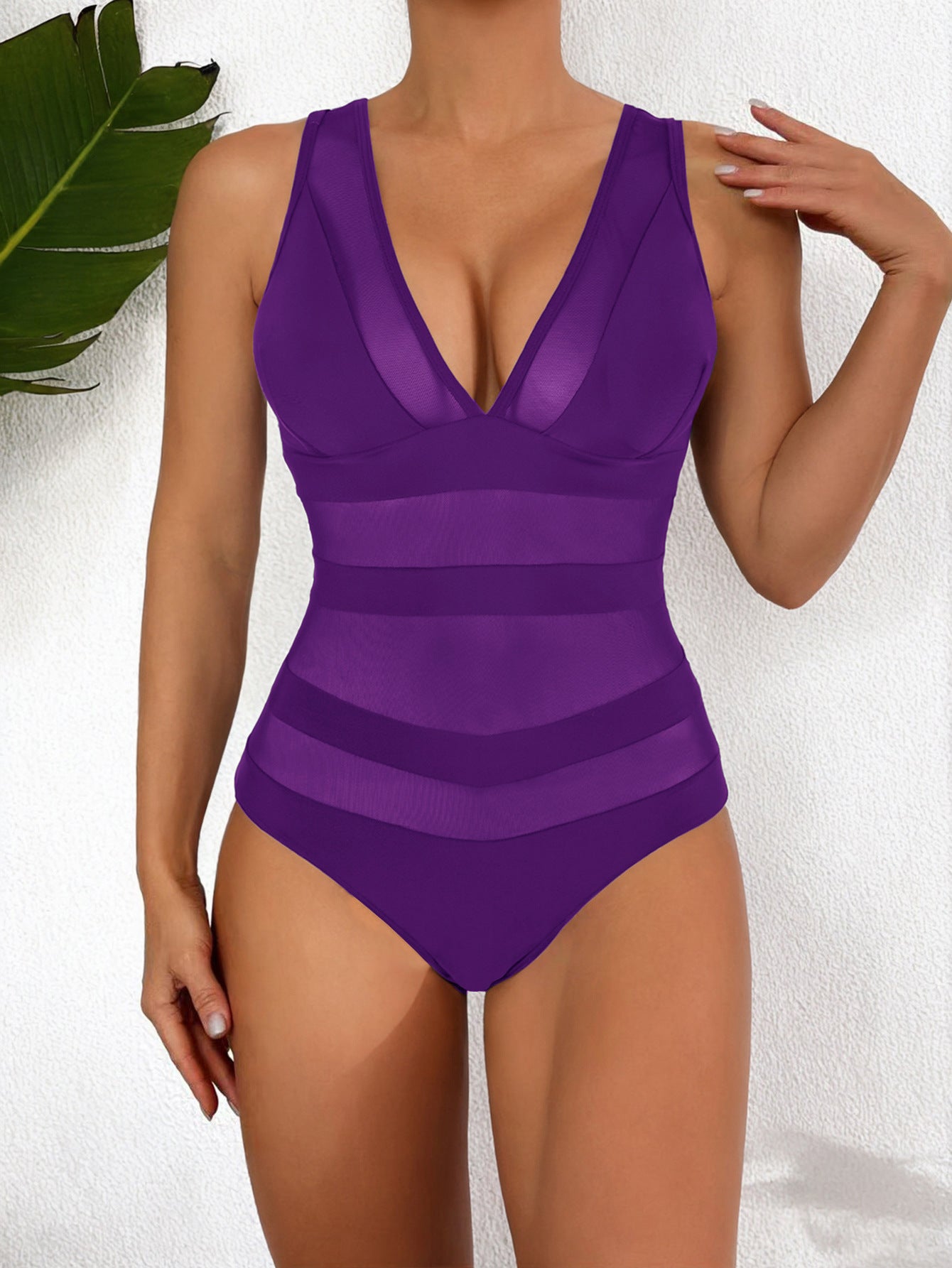 Nordisk-Flair Women One Piece Swimsuit Deep V Neck Mesh Panel High Cut