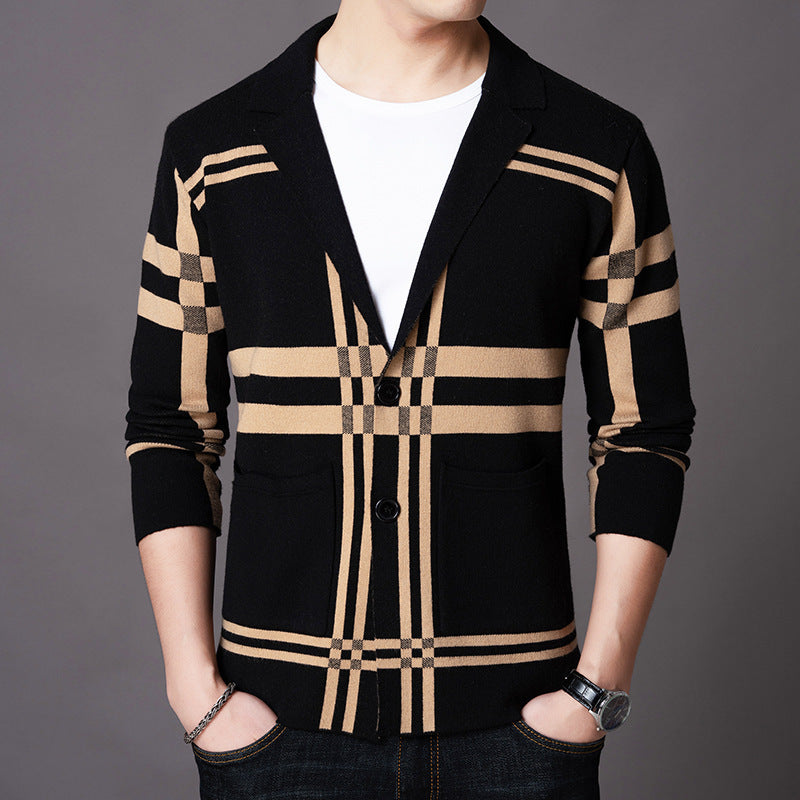 Street-wave Mens Elegant Knit Blazer With Modern Plaid Pattern For Formal And Casual Wear Soft Breathable