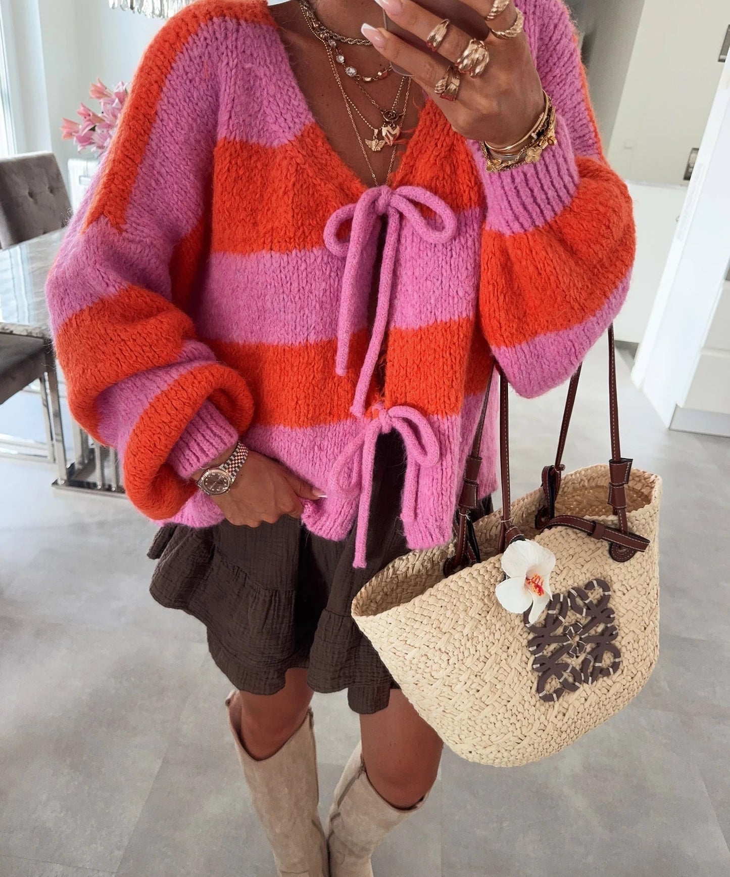 Streetwave Womens Striped Knit Cardigan With Loose Fit And Tie Belt For Everyday Style