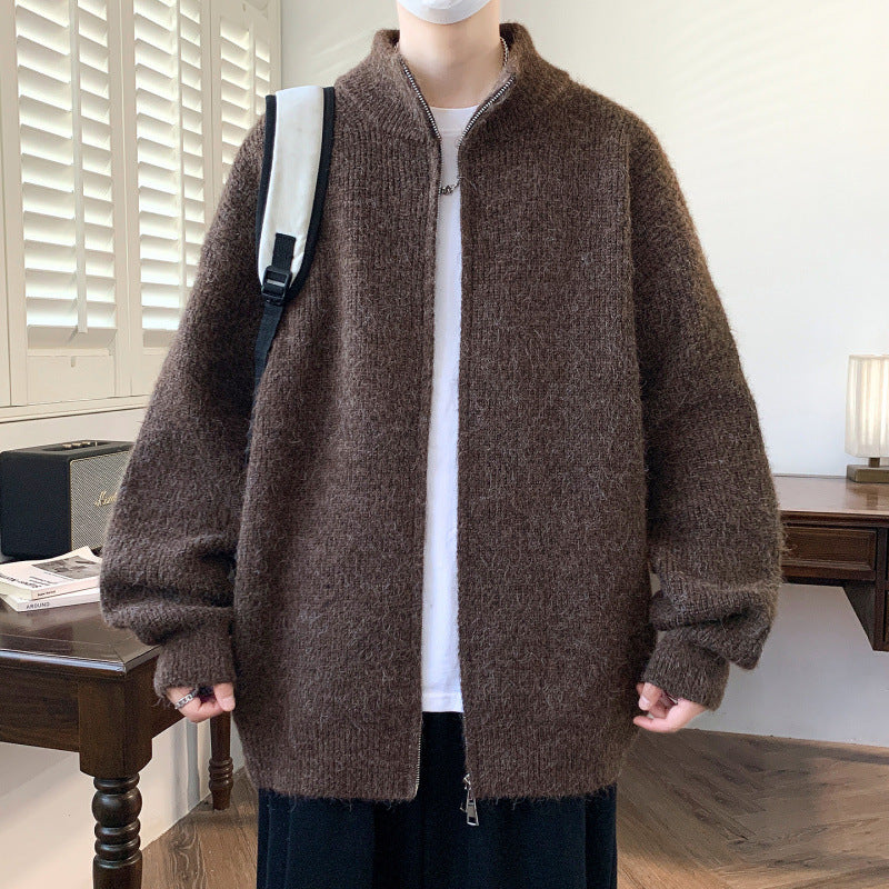 Street-wave Women's Cozy Fluffy Knit Cardigan With High Zip Neck For Modern Comfort