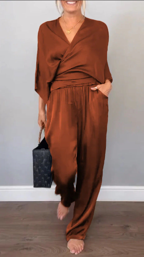 Street Wave Elegant Women Two Piece Satin Set For Office Or Evening Wear Versatile Chic Comfort