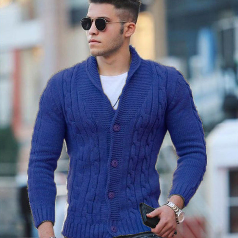 Street-Wave Men's Cable Knit Cardigan With Shawl Collar For Cozy Warmth And Modern Style
