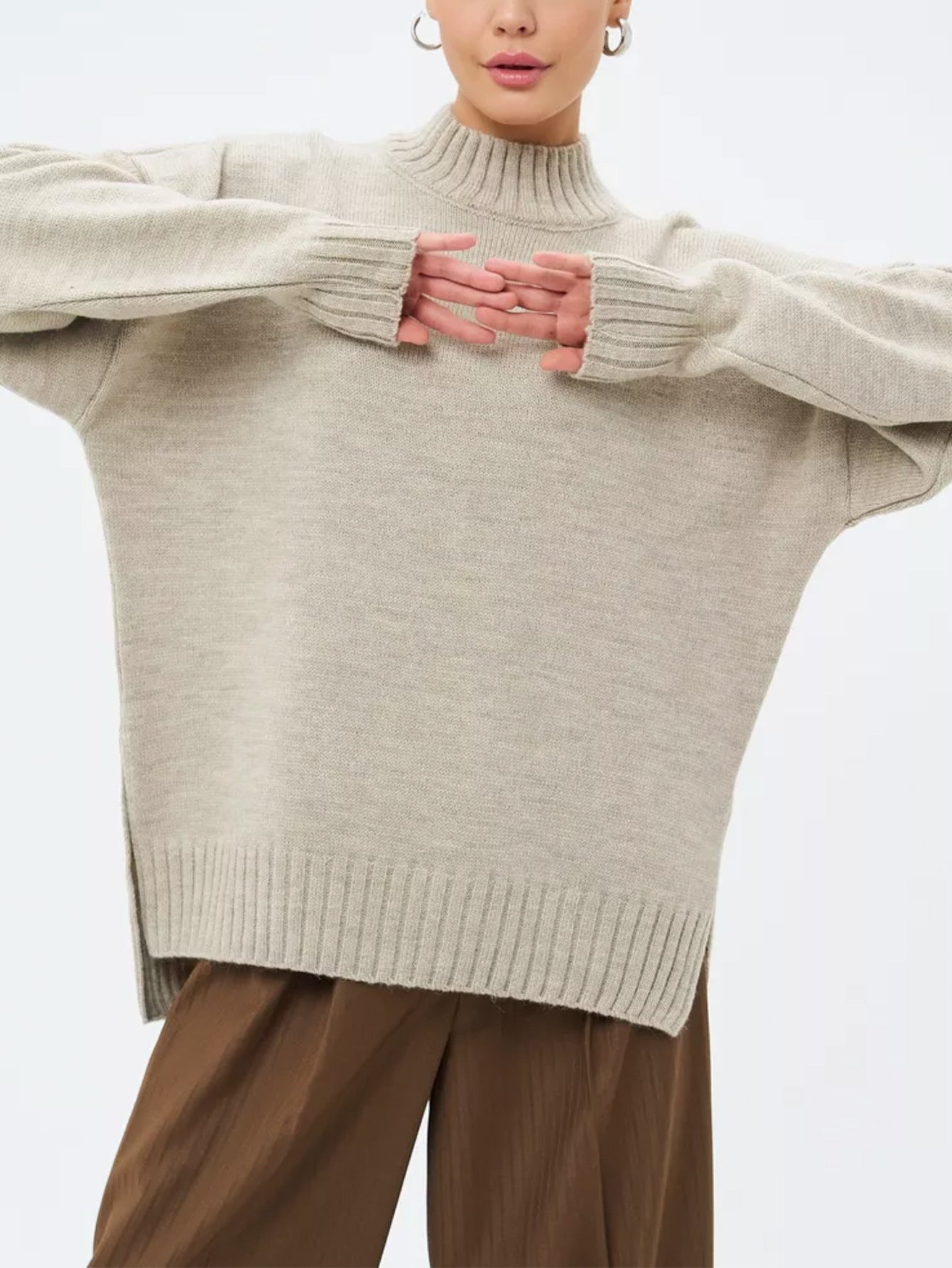 Street Wave Oversized Ribbed Knit Pullover For Women With Effortless Dropped Shoulders And Semi High Neck