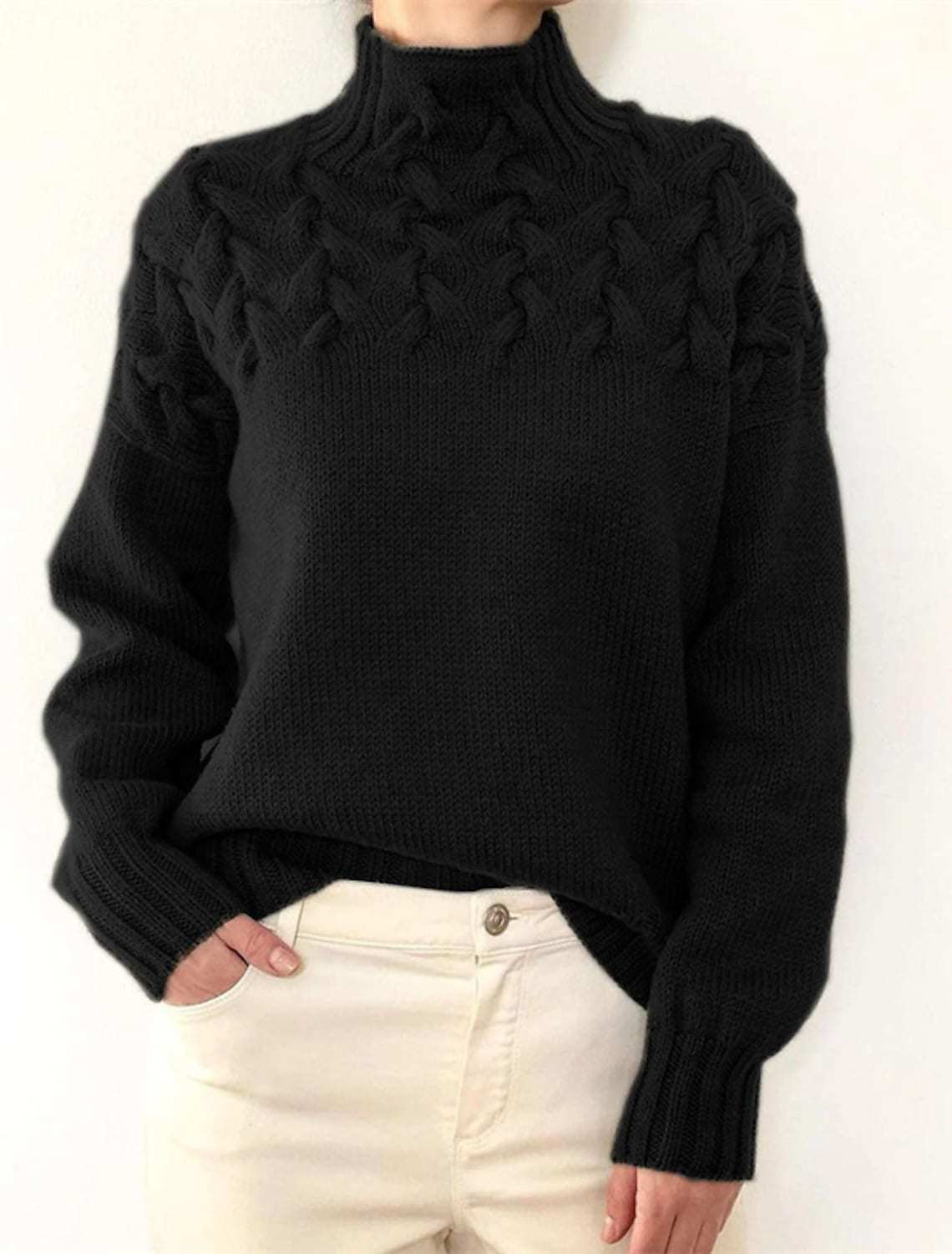 Street-Wave Women Cable Knit Turtleneck Sweater Cozy Warmth Soft Breathable Yarn