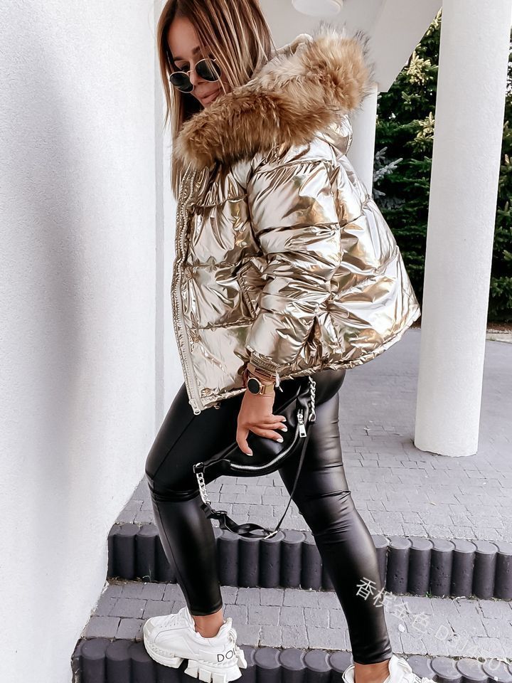 Street-wave Women's Shiny Puffer Jacket With Detachable Hood And Faux Fur Collar