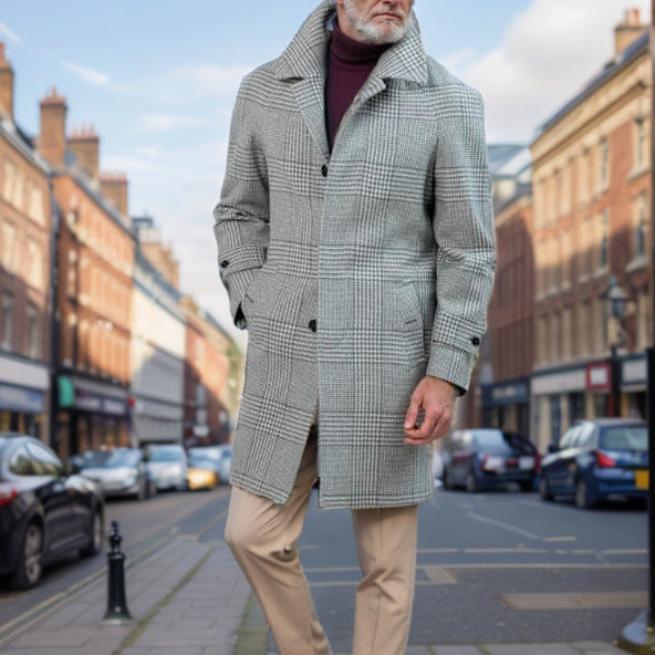 Street-Wave Men's Classic Plaid Wool Coat With Belt Timeless Warmth For Urban Gentlemen Premium Craftsmanship