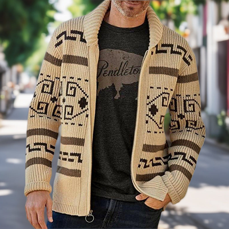Street-wave Mens Knit Cardigan With Geometric Pattern For Warm Cozy All Season Style