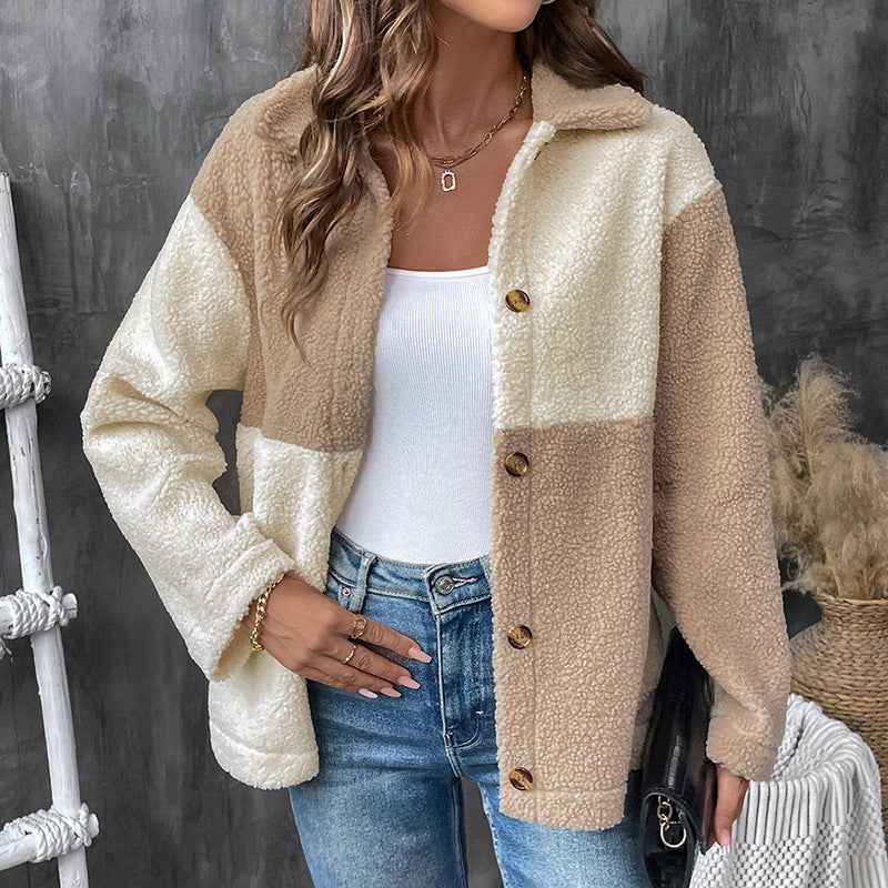 Street-Wave Women's Two-Tone Sherpa Fleece Jacket With Cozy Cocoon Warmth, Button Closure, Lightweight Chic
