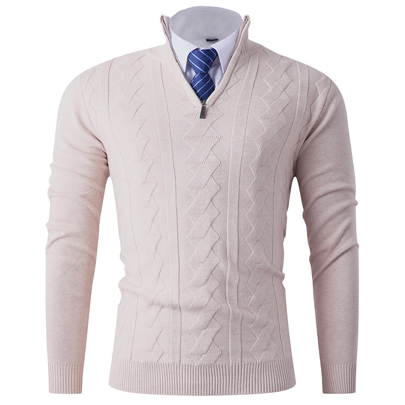 Street Wave Men's Premium Elegant Stand Collar Knit Sweater With Textured Zipper For Everyday Wear