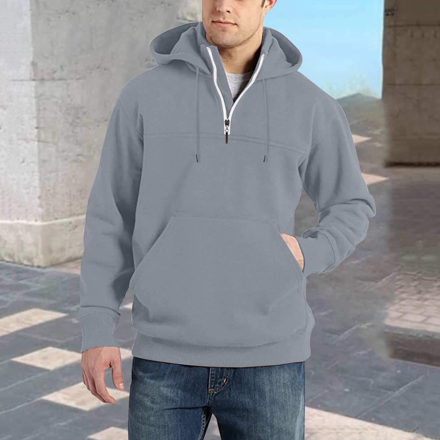 Street Wave Mens Half Zip Hoodie With Kangaroo Pocket For Casual Athleisure Comfort
