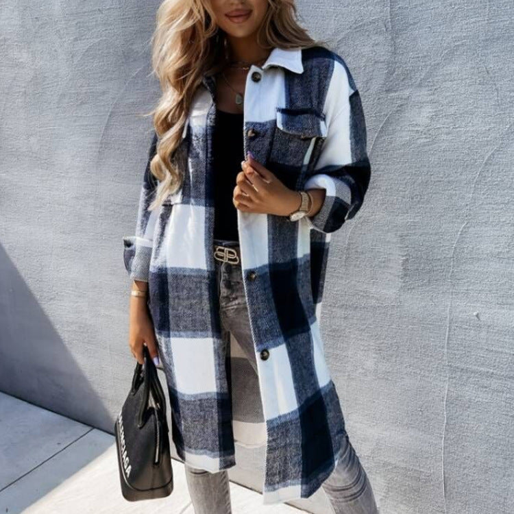 Street-wave Women Plaid Shirt Coat Longline With Soft Cotton Blend Comfort Versatile Everyday Wear
