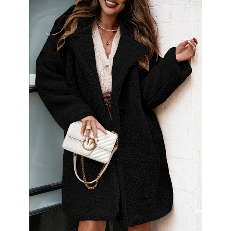 Street-Wave Oversized Plush Coat For Women Mid-Length With Wide Lapels And Long Sleeves