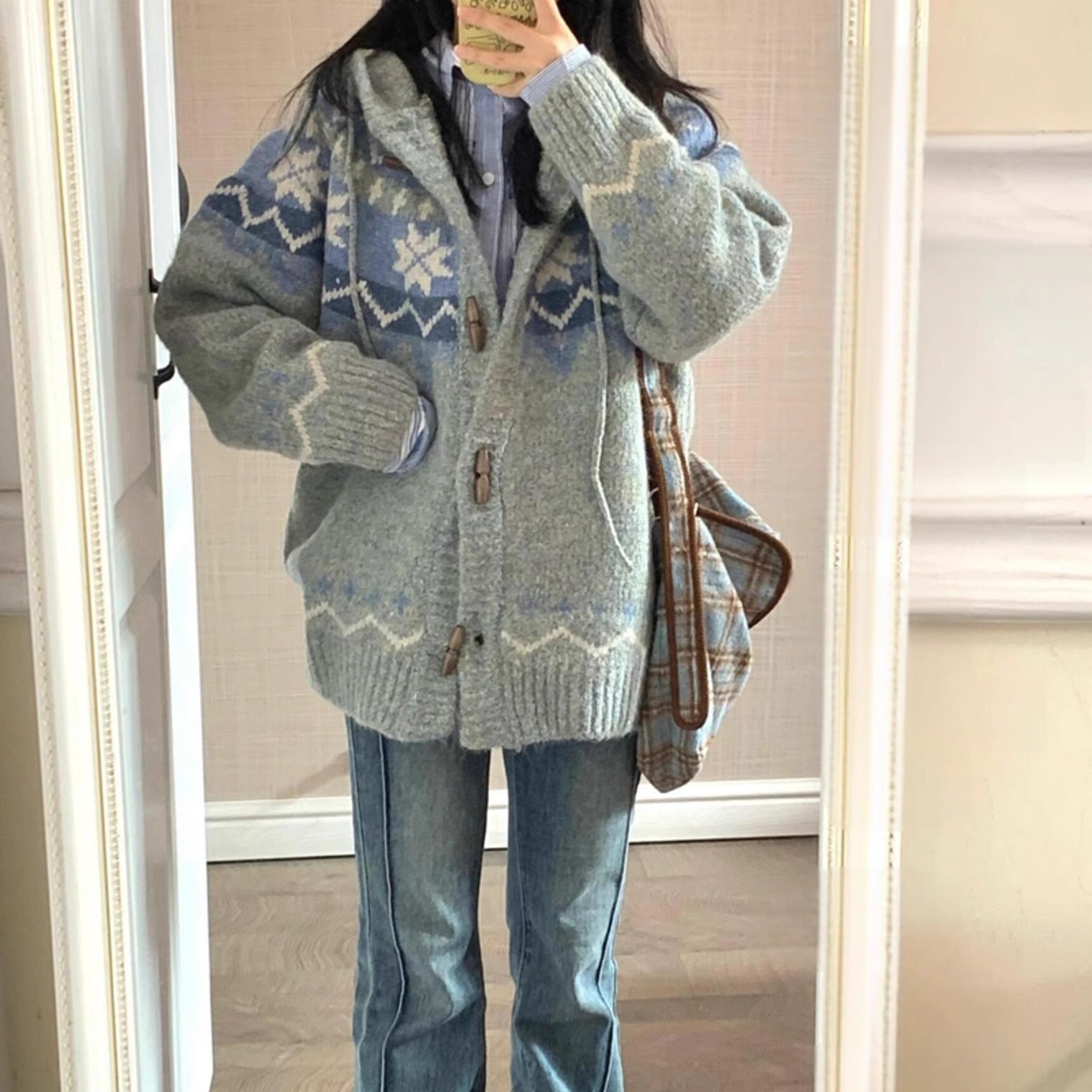 Damen kuschelige Strickjacke mit hohem Kragen und Ornamenten Street-wave - Street-wave