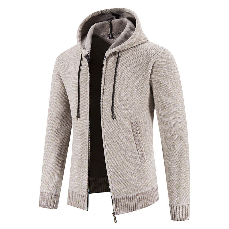 Street-wave Men's Hooded Knit Cardigan With Textured Design Zip Front Cozy Breathable