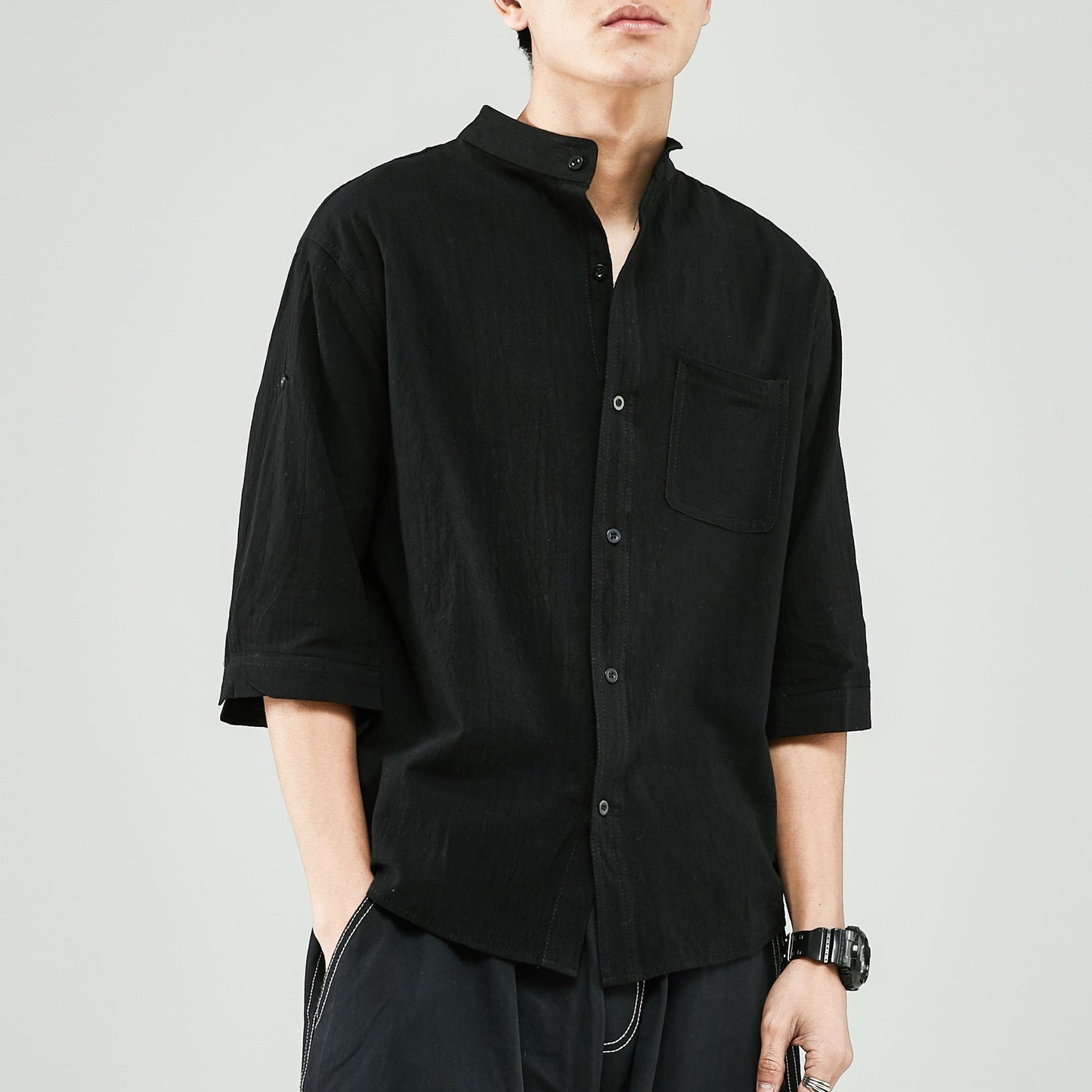 Street-Wave Breathable Linen Cotton Band Collar Shirt Men