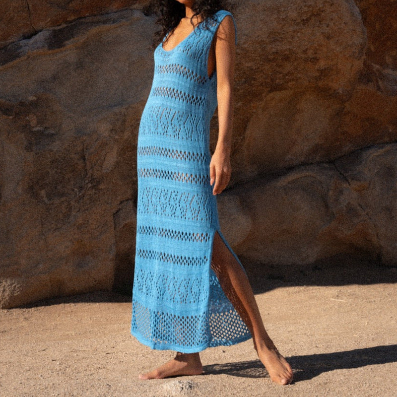 Street Wave Knit Dress For Women Slim Open Knit Side Slit