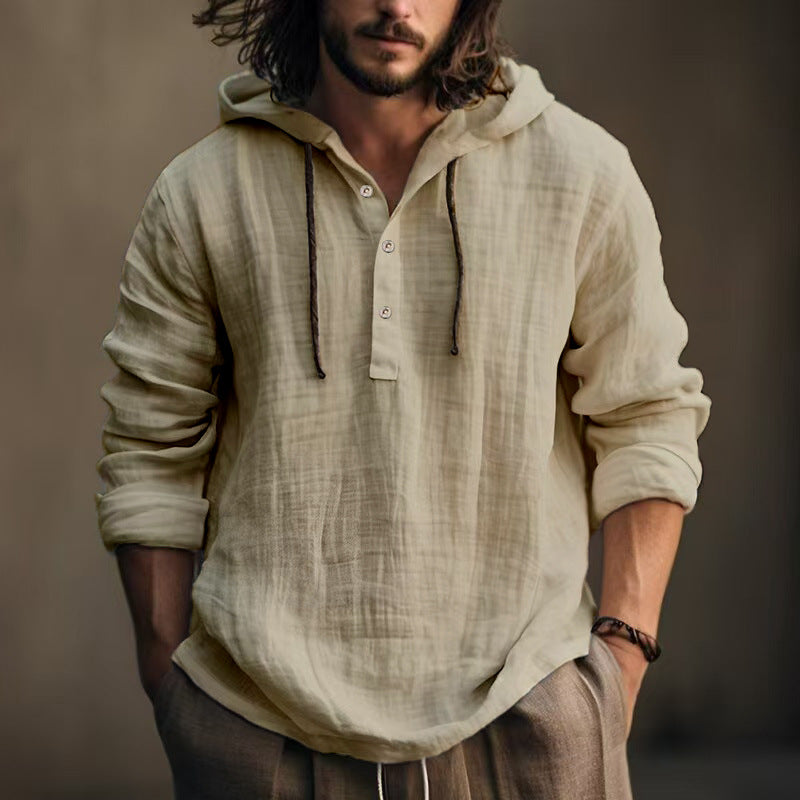 Streetwave Mens Linen Hooded Shirt With Button Placket For Casual Comfort And Breathable Style