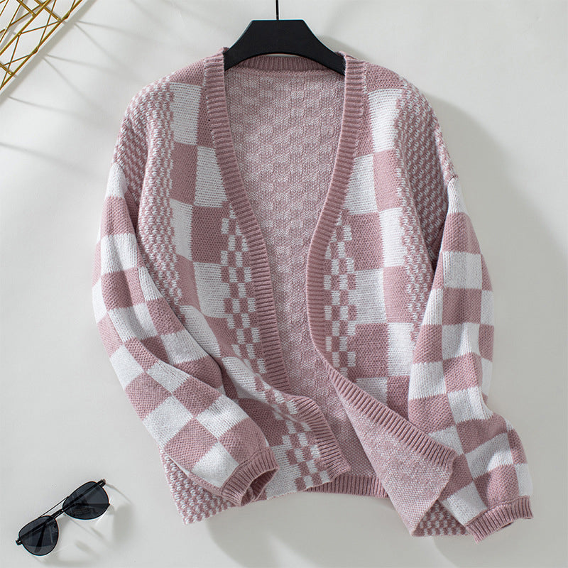 Street-wave Checkered Knit Cardigan For Women Cotton-Acrylic Blend Cozy Long Sleeve Warm