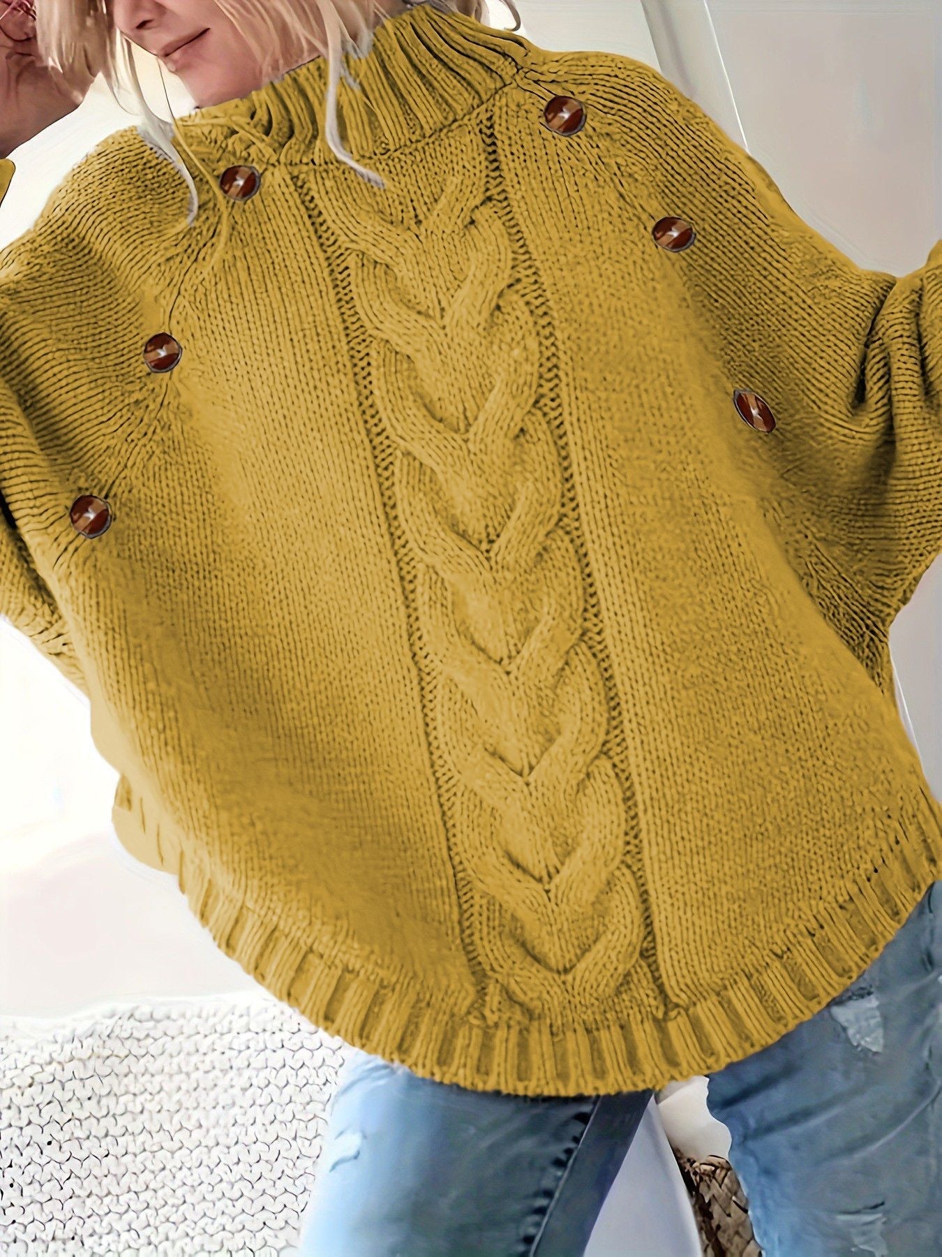 Women Oversized Cable Knit Sweater With High Collar And Button Details Streetwave Cozy Warmth