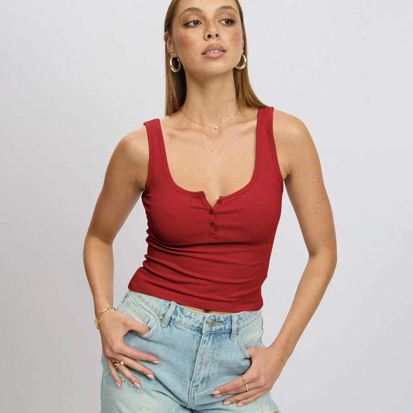 Street-Wave Women's Ribbed Tank Top With Button Placket And Wide Scoop Neck Flattering Fit All Day Comfort