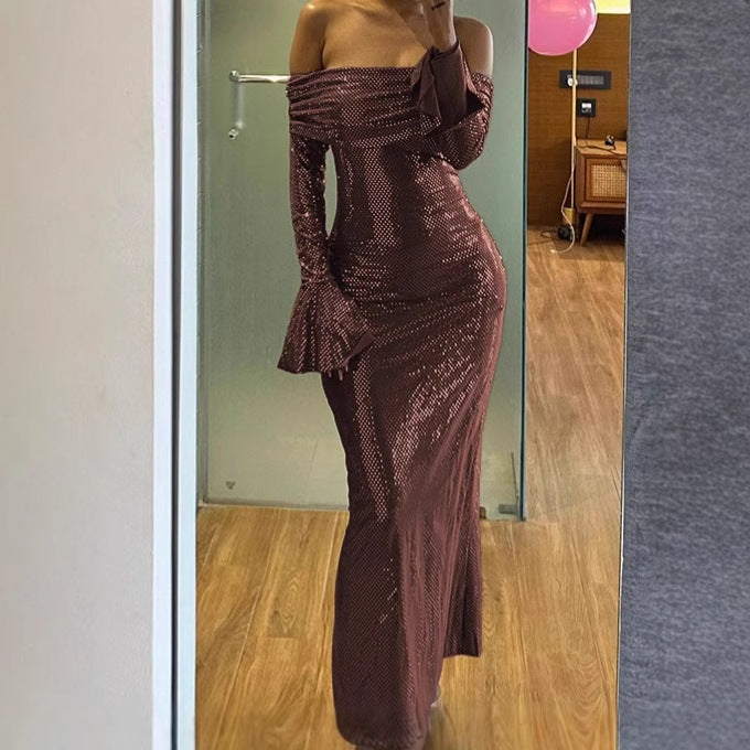 Street-Wave Women Elegant Off-Shoulder Evening Dress With Dramatic Flared Sleeves For Formal Events