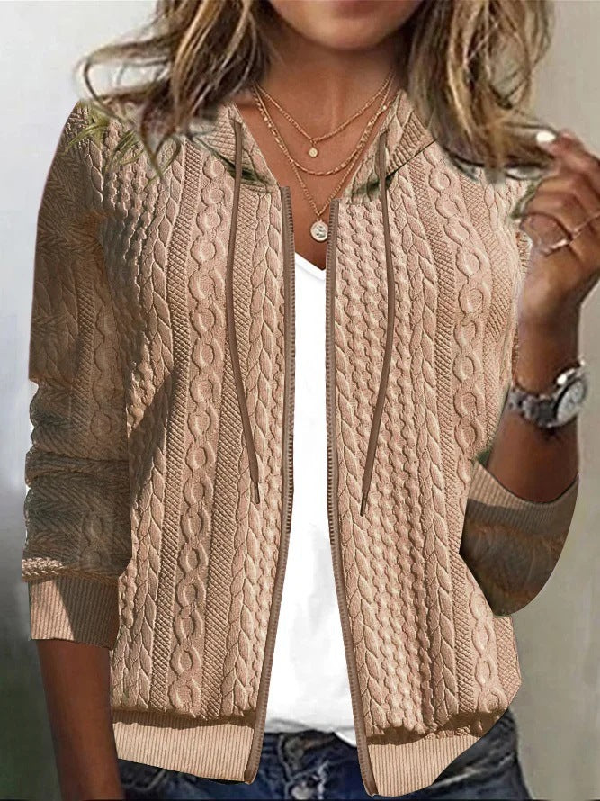 Street-wave Women's Cable Knit Zip Hoodie Coat For Modern Comfort And Warmth, Premium Winter Essential