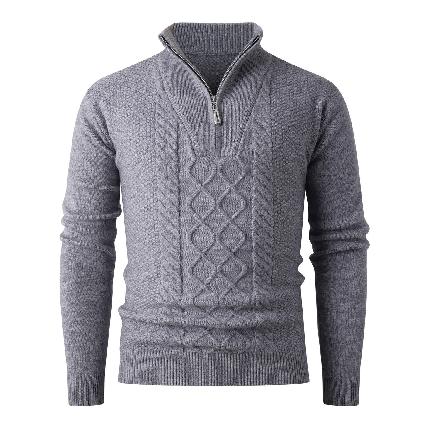 Street Wave Mens Chunky Knit Sweater With Zip Stand Collar Cozy Cable Knit Pullover For Winter
