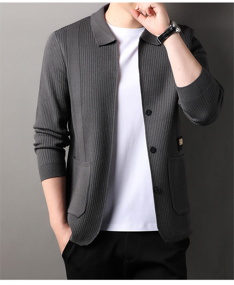 Street-wave Men's High Collar Knit Cardigan With Cozy Cotton Blend For Everyday Style