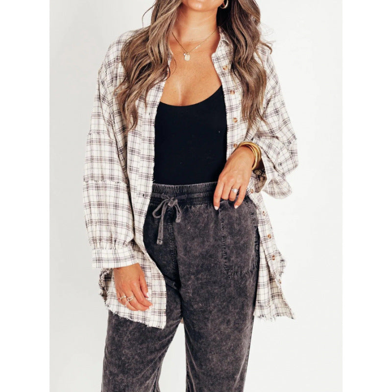 Street-wave Women's Casual Carrot Jacket With Wide Sleeves Plaid Flannel Shacket For Everyday Style