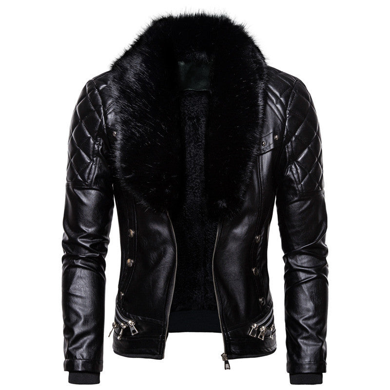 Mens Stylish Faux Leather Jacket With Removable Fur Collar And Speckled Texture Street Wave