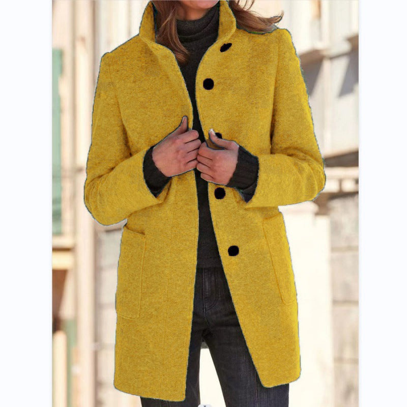 Street-Wave Womens Wool Jacket With Practical Pockets And Button Closure For Elegant Warmth