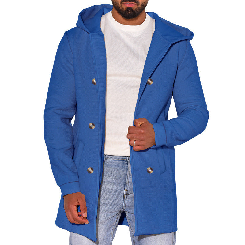 Street-Wave Mens Fashion Coat With Removable Hood And Double Button Placket For Stylish Outdoors