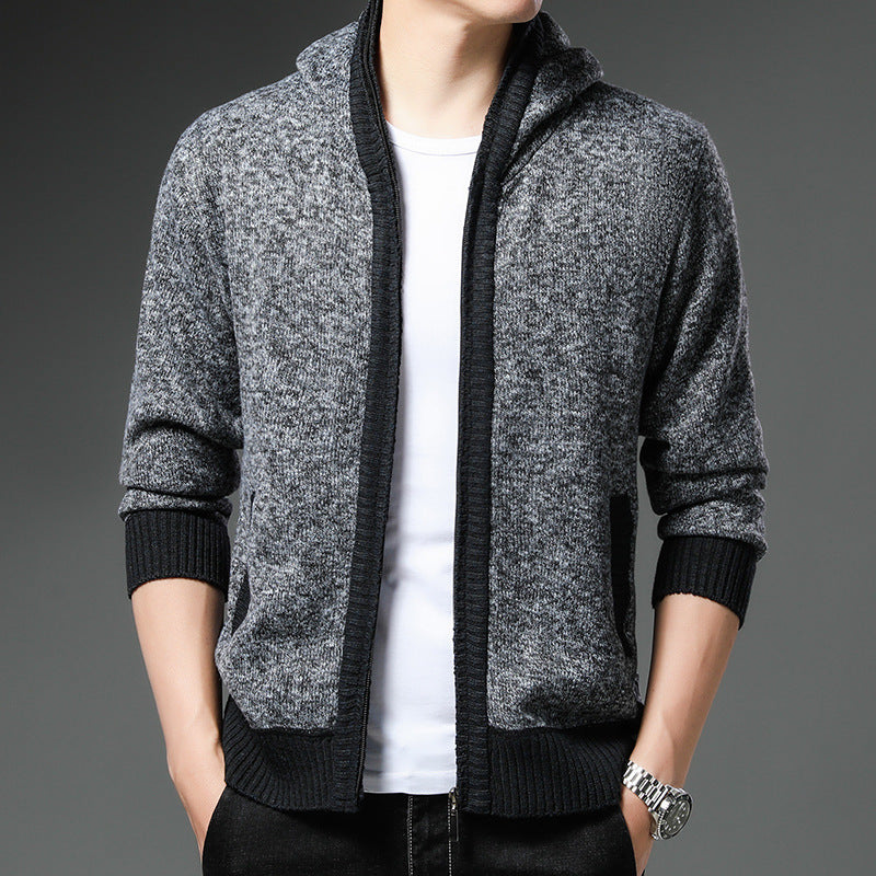 Street Wave Men Hooded Cardigan With Black White Accents Modern Knitwear Comfort Fit